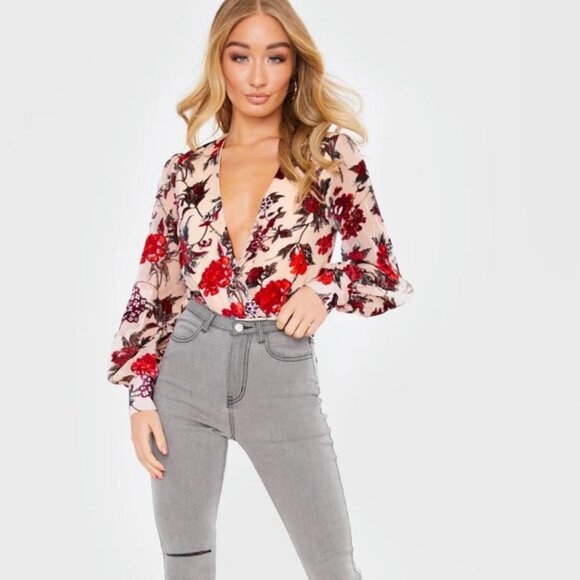 MEGGAN GRUBB NUDE FLORAL DEVORÉ WRAP FRONT TIE BACK BODYSUIT Size 6 - Picture 2 of 8